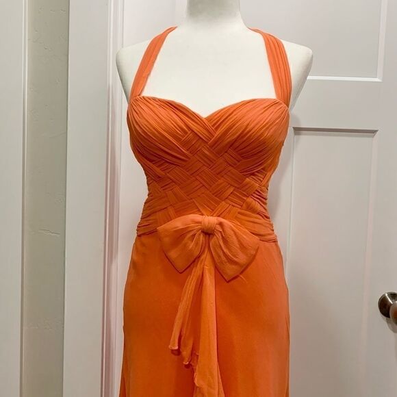 Orange Silk Woven Halter  Cocktail Evening Dress - Picture 8 of 11
